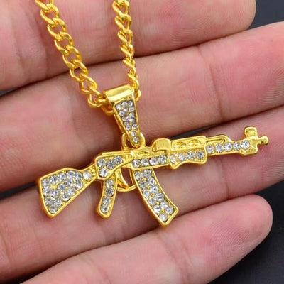 Cool Gothic Gun Shape Pendant Rhinestone Army Style Male Necklace Men Necklaces Jewelry null