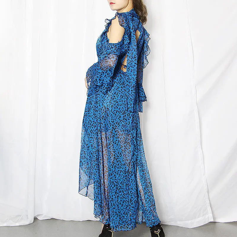 Twotwinstyle Leopard Female Dresses For Women Off Shoulder Flare Sleeve Asymmetric Hem Backless Ruffles Dress Vintage Clothes null