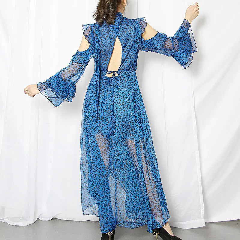 Twotwinstyle Leopard Female Dresses For Women Off Shoulder Flare Sleeve Asymmetric Hem Backless Ruffles Dress Vintage Clothes null