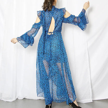 Twotwinstyle Leopard Female Dresses For Women Off Shoulder Flare Sleeve Asymmetric Hem Backless Ruffles Dress Vintage Clothes null