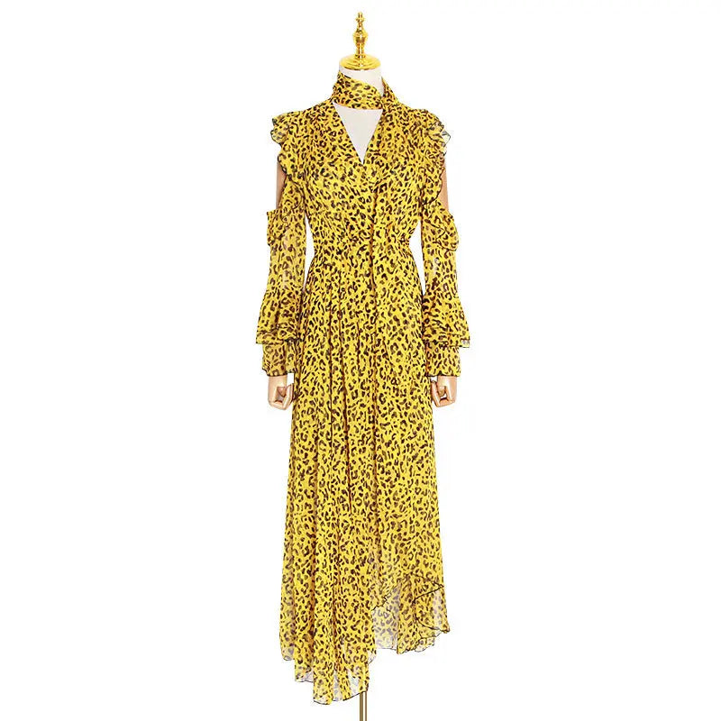 Twotwinstyle Leopard Female Dresses For Women Off Shoulder Flare Sleeve Asymmetric Hem Backless Ruffles Dress Vintage Clothes null