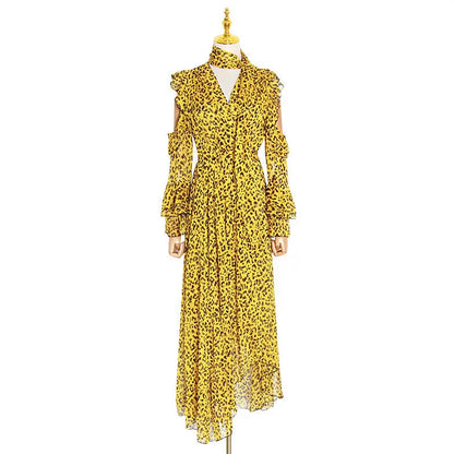 Twotwinstyle Leopard Female Dresses For Women Off Shoulder Flare Sleeve Asymmetric Hem Backless Ruffles Dress Vintage Clothes null