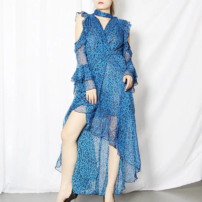 Twotwinstyle Leopard Female Dresses For Women Off Shoulder Flare Sleeve Asymmetric Hem Backless Ruffles Dress Vintage Clothes null