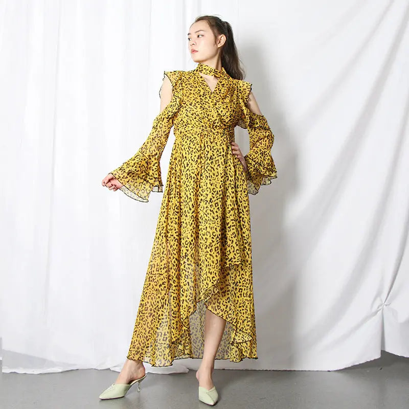 Twotwinstyle Leopard Female Dresses For Women Off Shoulder Flare Sleeve Asymmetric Hem Backless Ruffles Dress Vintage Clothes null