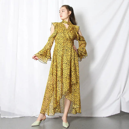Twotwinstyle Leopard Female Dresses For Women Off Shoulder Flare Sleeve Asymmetric Hem Backless Ruffles Dress Vintage Clothes null
