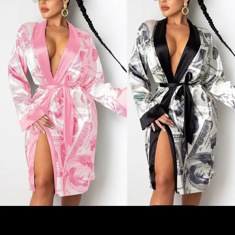 Hirigin Aesthetic Cardigan Long Sleeve Midi Bandage Dress Money Pajamas Fall Clothes For Women Fashion Sexy Lounge Wear null