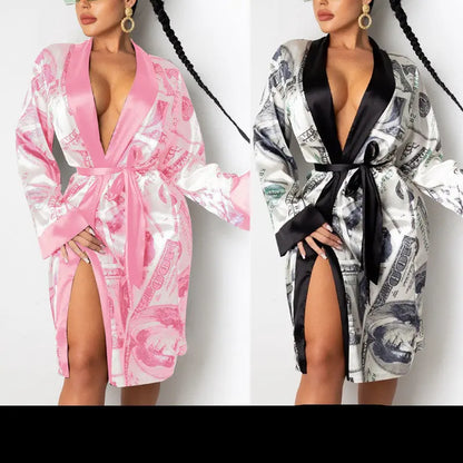 Hirigin Aesthetic Cardigan Long Sleeve Midi Bandage Dress Money Pajamas Fall Clothes For Women Fashion Sexy Lounge Wear null