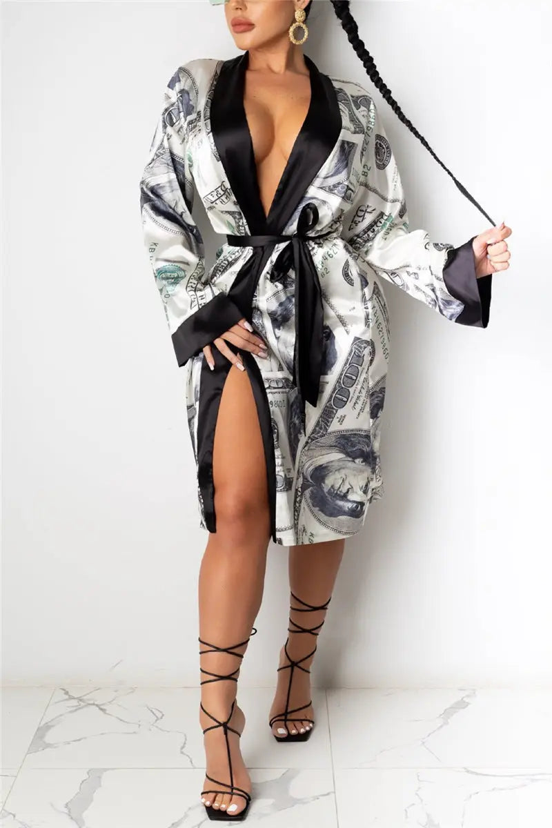 Hirigin Aesthetic Cardigan Long Sleeve Midi Bandage Dress Money Pajamas Fall Clothes For Women Fashion Sexy Lounge Wear null