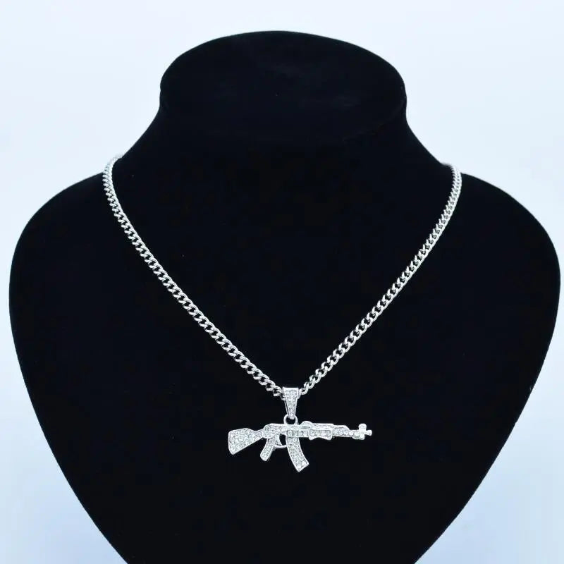 Cool Gothic Gun Shape Pendant Rhinestone Army Style Male Necklace Men Necklaces Jewelry null