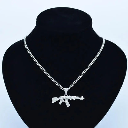 Cool Gothic Gun Shape Pendant Rhinestone Army Style Male Necklace Men Necklaces Jewelry null