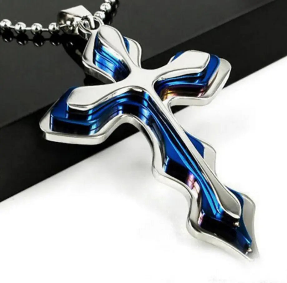 Fashion Necklace Men Creative Three-tiered Blue and Black Cross Pendant 50cm Beads Chain Necklace Jewelry Gifts for Men null