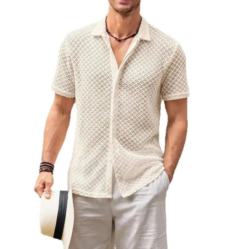 Fashion Solid Color Polo Collar Short Sleeve Mesh Shirt Tops Men Clothing null