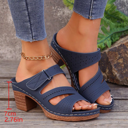 Square-heeled Peep-toe Slides Shoes Summer Casual Chunky Heel Sandals Solid Color Slippers null