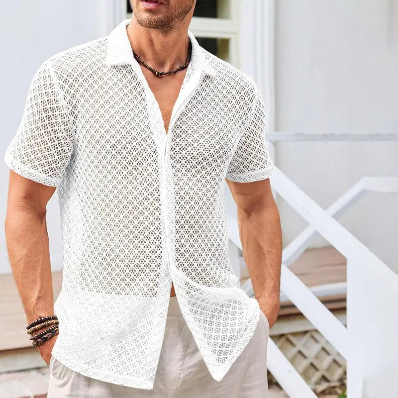 Fashion Solid Color Polo Collar Short Sleeve Mesh Shirt Tops Men Clothing null