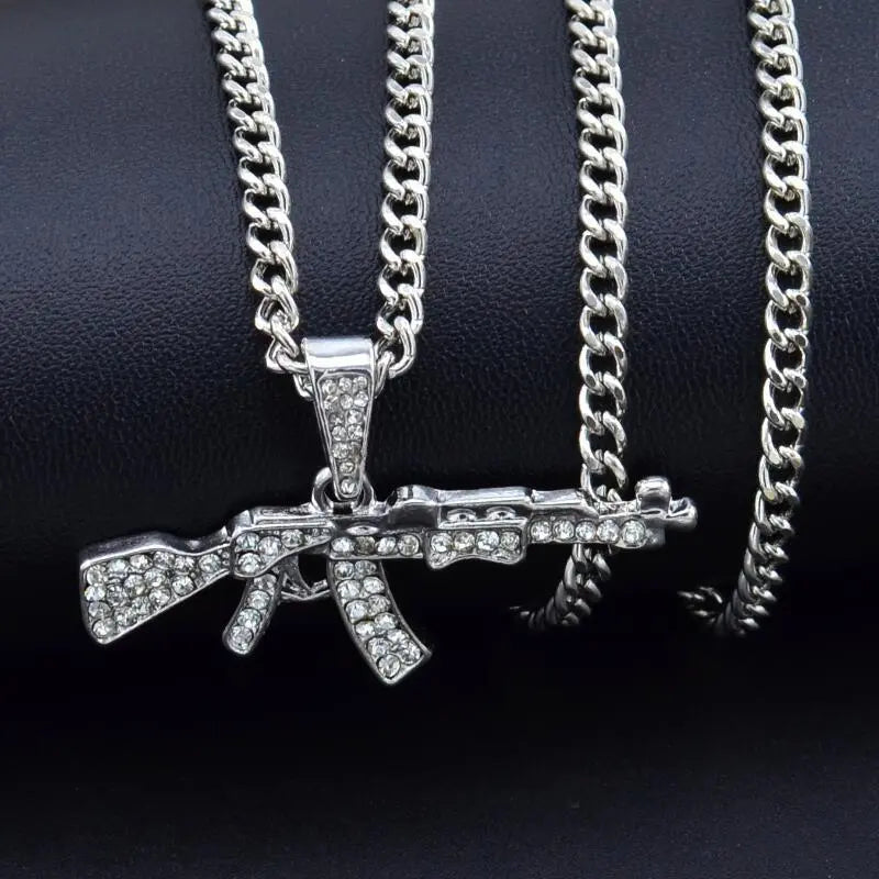 Cool Gothic Gun Shape Pendant Rhinestone Army Style Male Necklace Men Necklaces Jewelry null