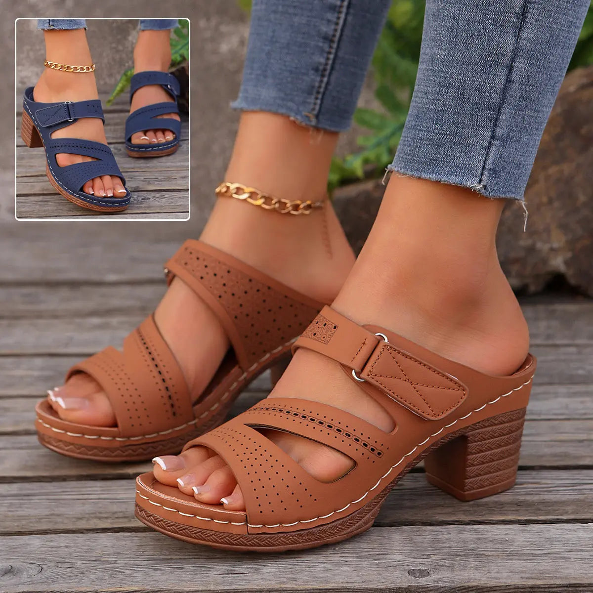 Square-heeled Peep-toe Slides Shoes Summer Casual Chunky Heel Sandals Solid Color Slippers null