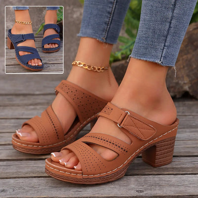 Square-heeled Peep-toe Slides Shoes Summer Casual Chunky Heel Sandals Solid Color Slippers null