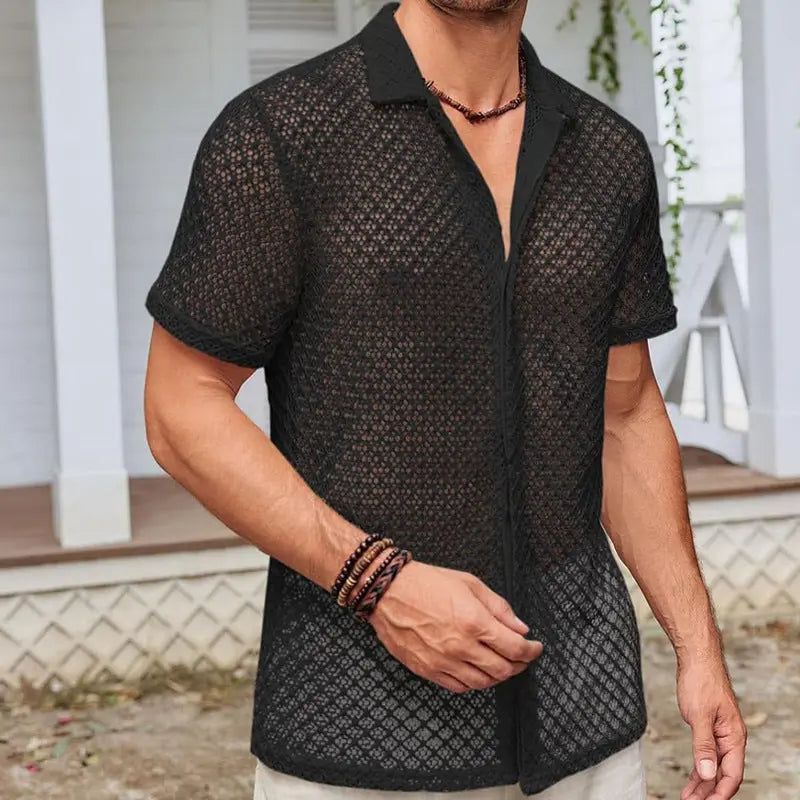 Fashion Solid Color Polo Collar Short Sleeve Mesh Shirt Tops Men Clothing null