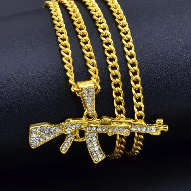 Cool Gothic Gun Shape Pendant Rhinestone Army Style Male Necklace Men Necklaces Jewelry null