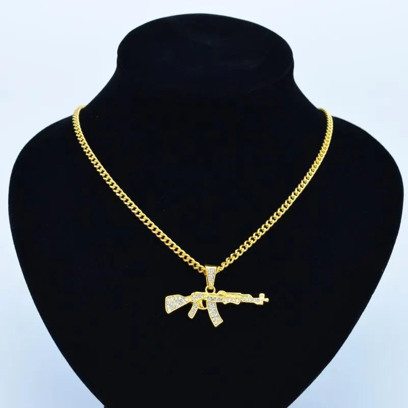 Cool Gothic Gun Shape Pendant Rhinestone Army Style Male Necklace Men Necklaces Jewelry null