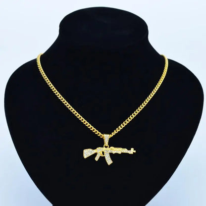 Cool Gothic Gun Shape Pendant Rhinestone Army Style Male Necklace Men Necklaces Jewelry null