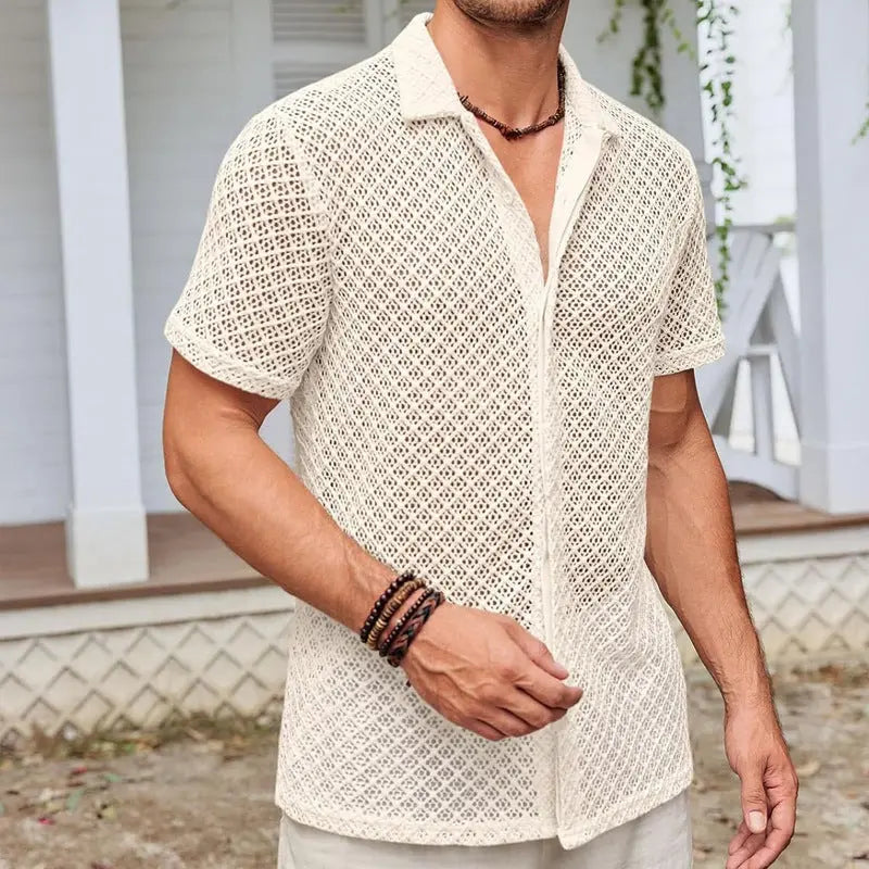 Fashion Solid Color Polo Collar Short Sleeve Mesh Shirt Tops Men Clothing null