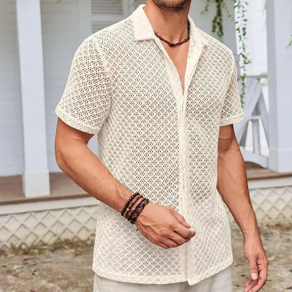 Fashion Solid Color Polo Collar Short Sleeve Mesh Shirt Tops Men Clothing null