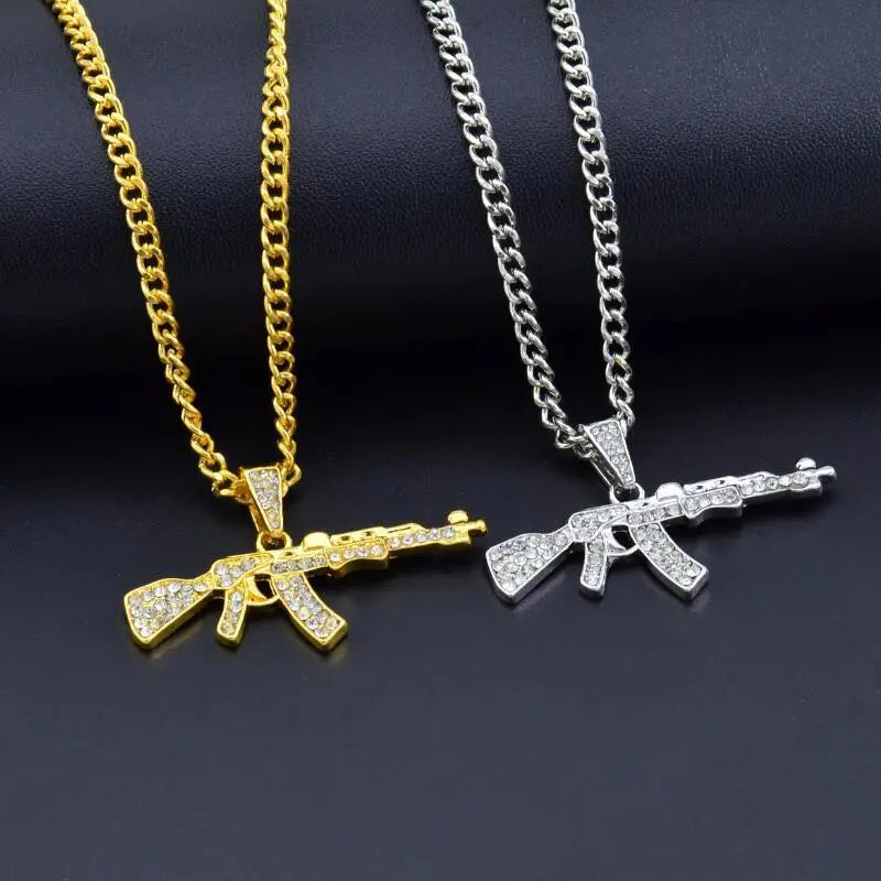 Cool Gothic Gun Shape Pendant Rhinestone Army Style Male Necklace Men Necklaces Jewelry null