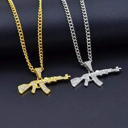 Cool Gothic Gun Shape Pendant Rhinestone Army Style Male Necklace Men Necklaces Jewelry null